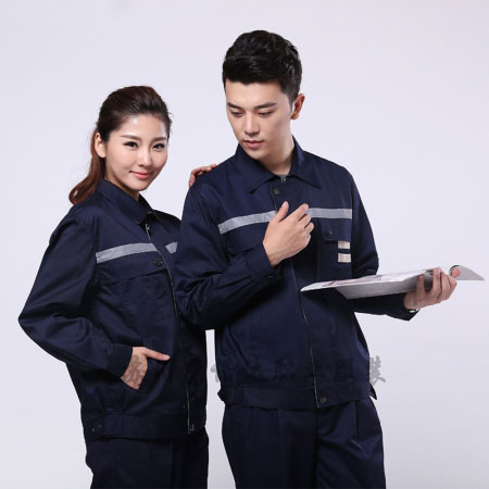 藏青拼米色涤棉线卡超市工作服AC090-CS